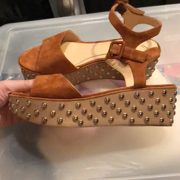 Brian Atwood gorgeous suede tan brown cognac platform sandals heels 10 studded