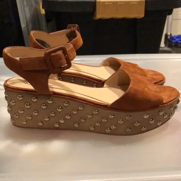 Brian Atwood gorgeous suede tan brown cognac platform sandals heels 10 studded