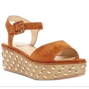 Brian Atwood gorgeous suede tan brown cognac platform sandals heels 10 studded
