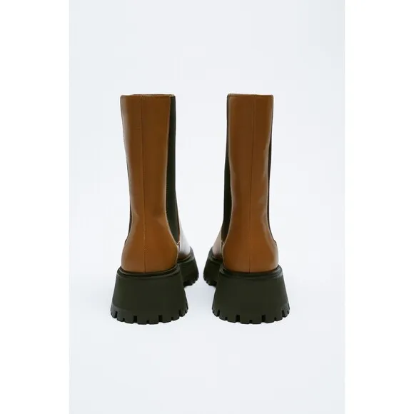 Brown Black Zara Leather Lug Sole Chunky Chelsea Boots (NWT)