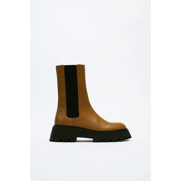 Brown Black Zara Leather Lug Sole Chunky Chelsea Boots (NWT)
