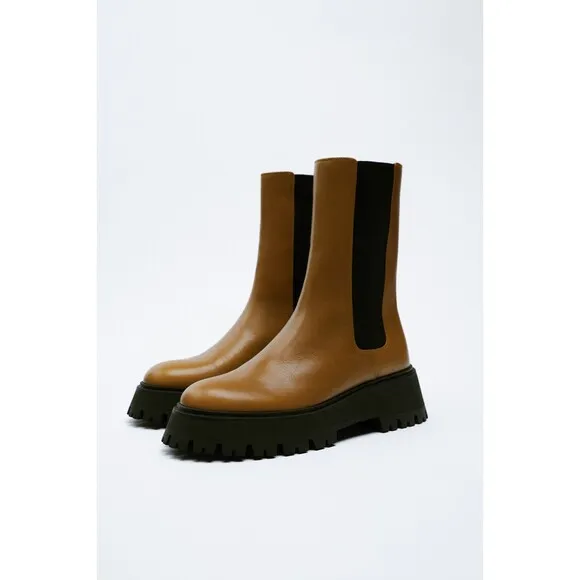 Brown Black Zara Leather Lug Sole Chunky Chelsea Boots (NWT)