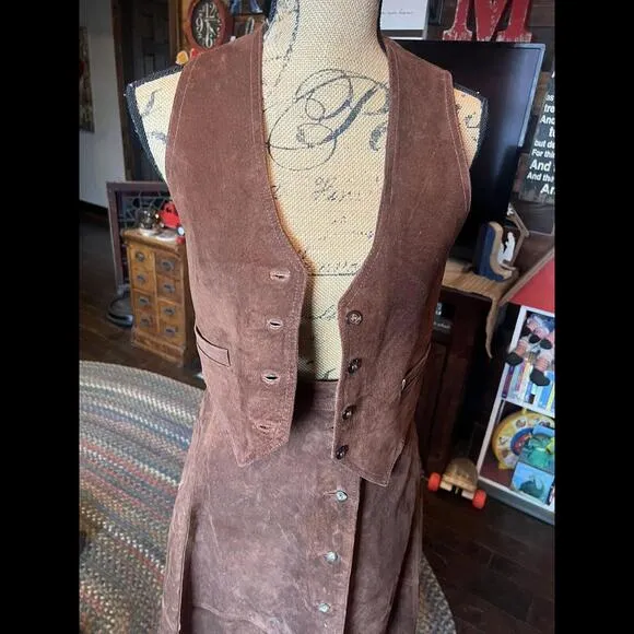 Brown Vintage Leather/Suede Button Up Maxi Skirt Lizwear‎ Size 4