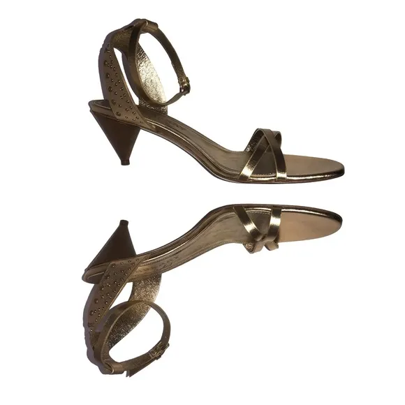 BURBERRY Hansel Runway Gold Studded Strap Cone Kitten Heel Sandals New 40