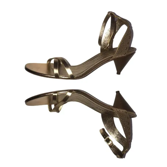 BURBERRY Hansel Runway Gold Studded Strap Cone Kitten Heel Sandals New 40