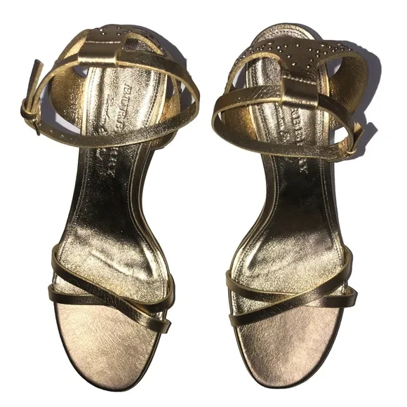 BURBERRY Hansel Runway Gold Studded Strap Cone Kitten Heel Sandals New 40