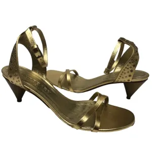 BURBERRY Hansel Runway Gold Studded Strap Cone Kitten Heel Sandals New 40