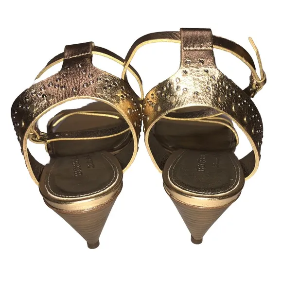BURBERRY Hansel Runway Gold Studded Strap Cone Kitten Heel Sandals New 40