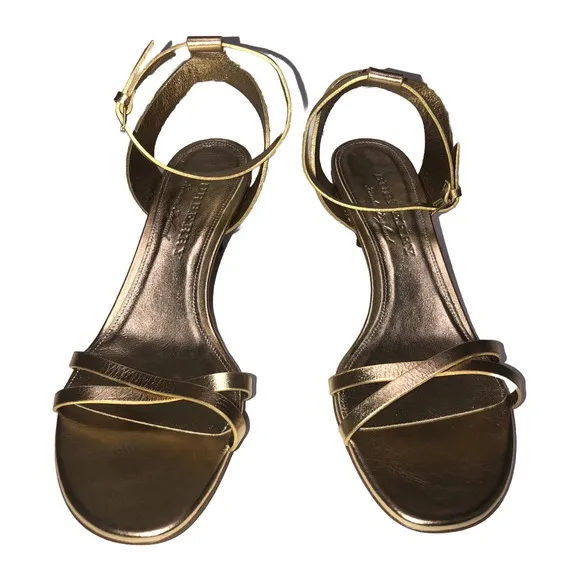 BURBERRY Hansel Runway Gold Studded Strap Cone Kitten Heel Sandals New 40
