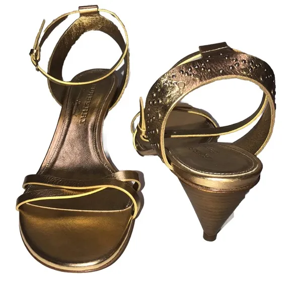 BURBERRY Hansel Runway Gold Studded Strap Cone Kitten Heel Sandals New 40
