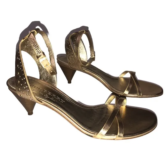 BURBERRY Hansel Runway Gold Studded Strap Cone Kitten Heel Sandals New 40