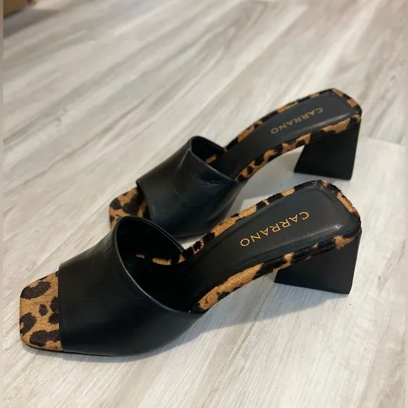 Carrano Black and Brown Leopard Print Sandals with Open Toe and Chunky Heel, S 8
