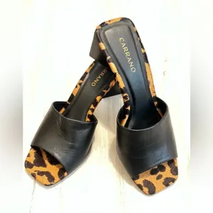 Carrano Black and Brown Leopard Print Sandals with Open Toe and Chunky Heel, S 8