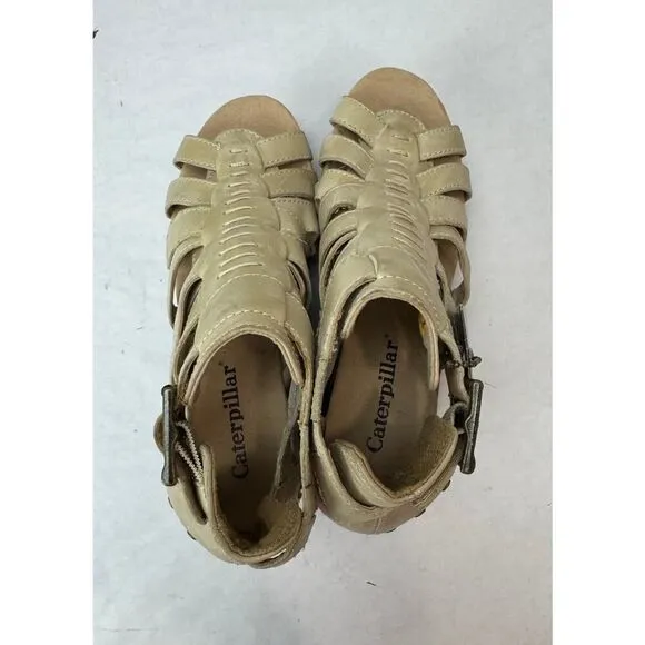 CAT Caterpillar Beige Tan Distressed Leather Stretch Leather Sandals - Size 5
