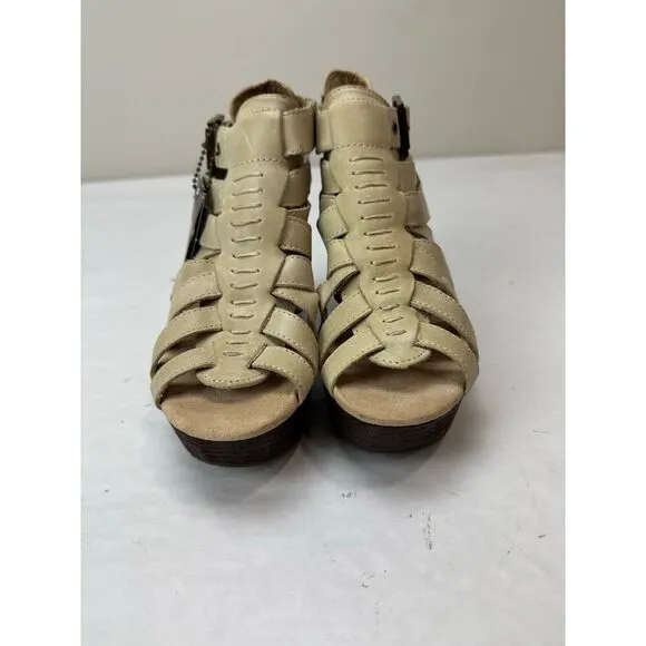 CAT Caterpillar Beige Tan Distressed Leather Stretch Leather Sandals - Size 5