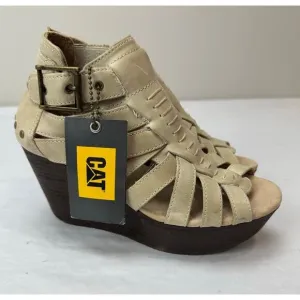 CAT Caterpillar Beige Tan Distressed Leather Stretch Leather Sandals - Size 5
