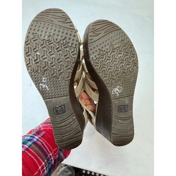 CAT Caterpillar Beige Tan Distressed Leather Stretch Leather Sandals - Size 5