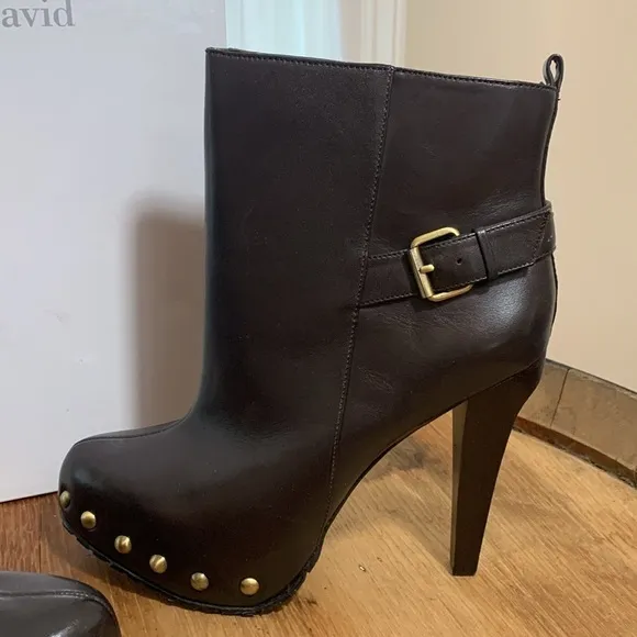 Charles David NIB Biff Brown Leather High Heel Stud Buckle Platform Boots 6.5 B