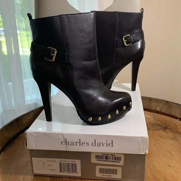 Charles David NIB Biff Brown Leather High Heel Stud Buckle Platform Boots 6.5 B