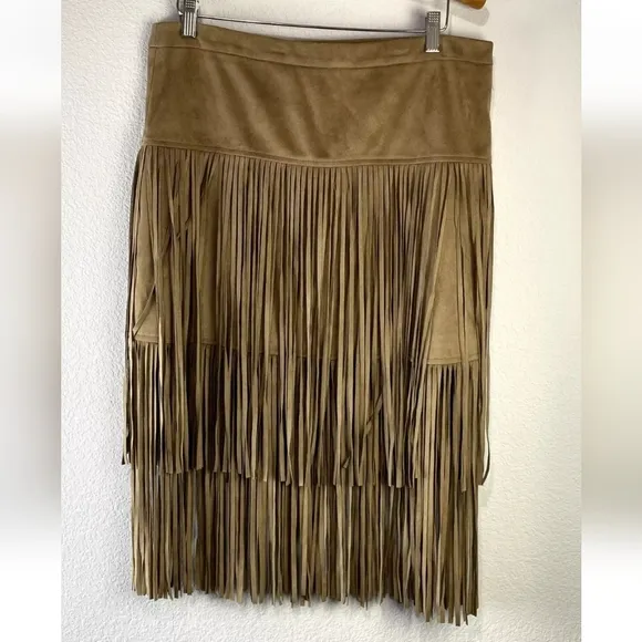 Chelsea &amp; Violet Faux Suede Tiered Fringe Skirt, L, Tan