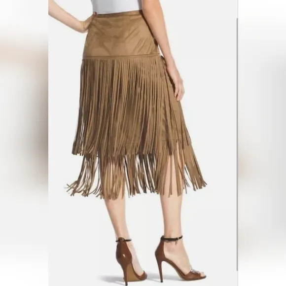 Chelsea &amp; Violet Faux Suede Tiered Fringe Skirt, L, Tan