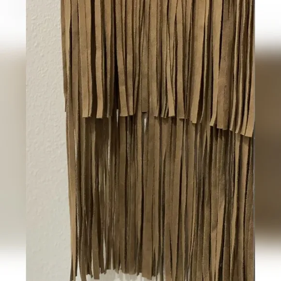 Chelsea &amp; Violet Faux Suede Tiered Fringe Skirt, L, Tan