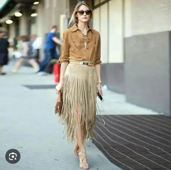 Chelsea &amp; Violet Faux Suede Tiered Fringe Skirt, L, Tan