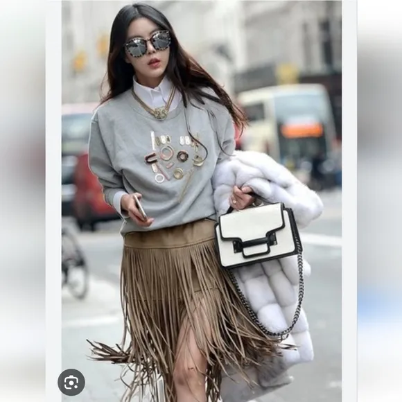 Chelsea &amp; Violet Faux Suede Tiered Fringe Skirt, L, Tan