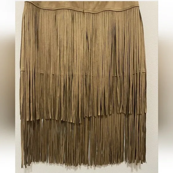 Chelsea &amp; Violet Faux Suede Tiered Fringe Skirt, L, Tan