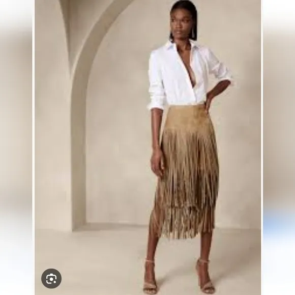 Chelsea &amp; Violet Faux Suede Tiered Fringe Skirt, L, Tan