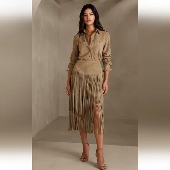 Chelsea &amp; Violet Faux Suede Tiered Fringe Skirt, L, Tan