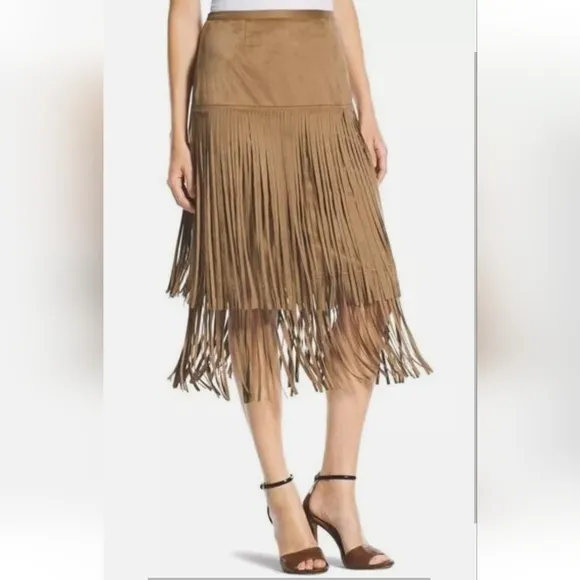 Chelsea &amp; Violet Faux Suede Tiered Fringe Skirt, L, Tan