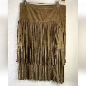 Chelsea &amp; Violet Faux Suede Tiered Fringe Skirt, L, Tan