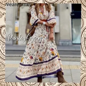 Chic Bohemian Lantern Sleeve Floral Cotton Blend Maxi Dress