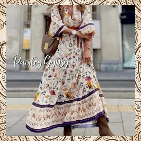 Chic Bohemian Lantern Sleeve Floral Cotton Blend Maxi Dress