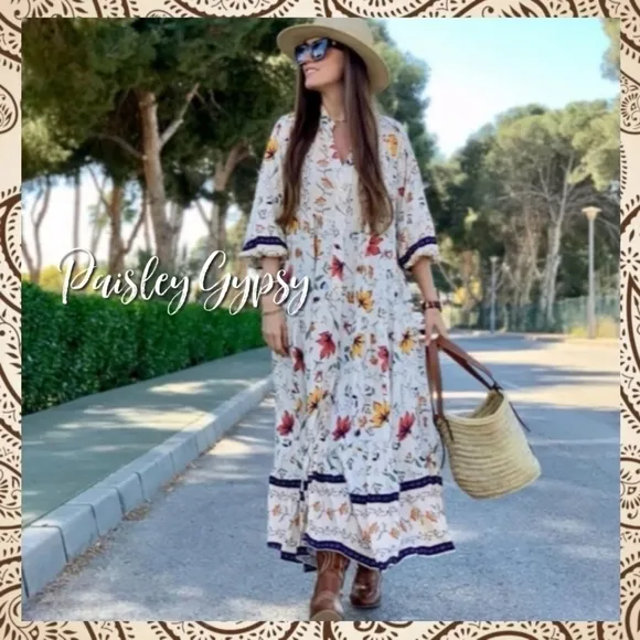 Chic Bohemian Lantern Sleeve Floral Cotton Blend Maxi Dress