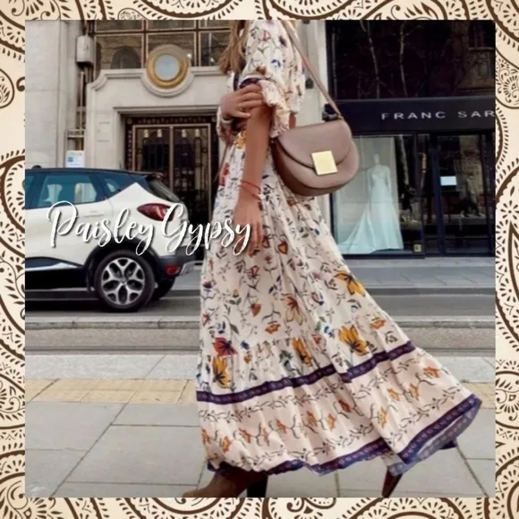 Chic Bohemian Lantern Sleeve Floral Cotton Blend Maxi Dress