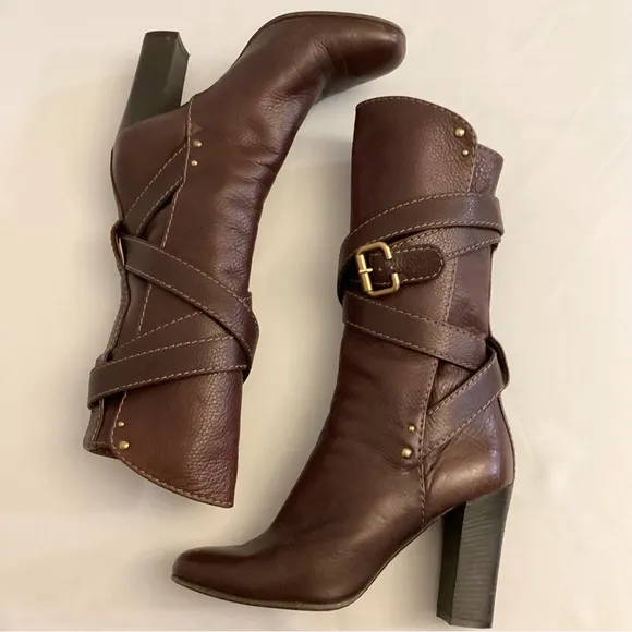 Chloe 8.5 (38.5) Paddington Brown Leather Women's Boots Chunky Heels Flaw