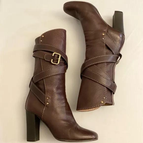 Chloe 8.5 (38.5) Paddington Brown Leather Women's Boots Chunky Heels Flaw
