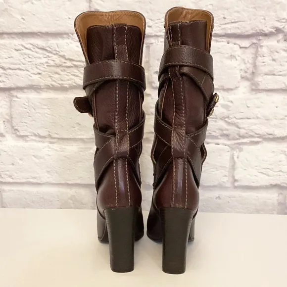 Chloe 8.5 (38.5) Paddington Brown Leather Women's Boots Chunky Heels Flaw