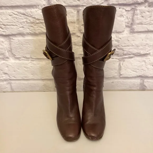 Chloe 8.5 (38.5) Paddington Brown Leather Women's Boots Chunky Heels Flaw