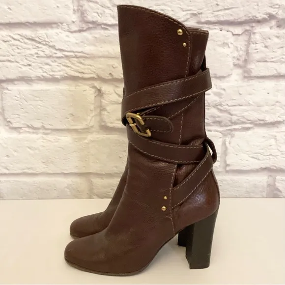 Chloe 8.5 (38.5) Paddington Brown Leather Women's Boots Chunky Heels Flaw