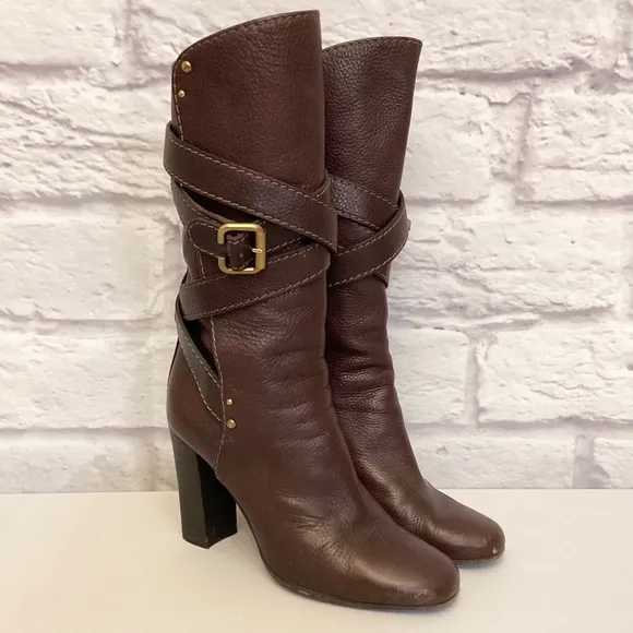 Chloe 8.5 (38.5) Paddington Brown Leather Women's Boots Chunky Heels Flaw