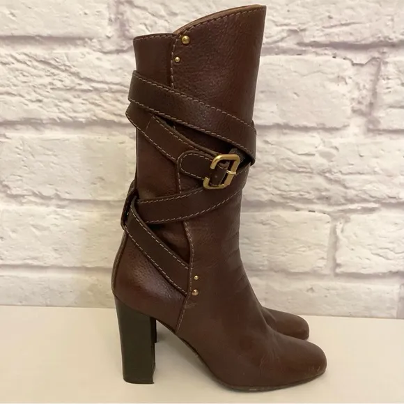 Chloe 8.5 (38.5) Paddington Brown Leather Women's Boots Chunky Heels Flaw