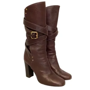 Chloe 8.5 (38.5) Paddington Brown Leather Women's Boots Chunky Heels Flaw
