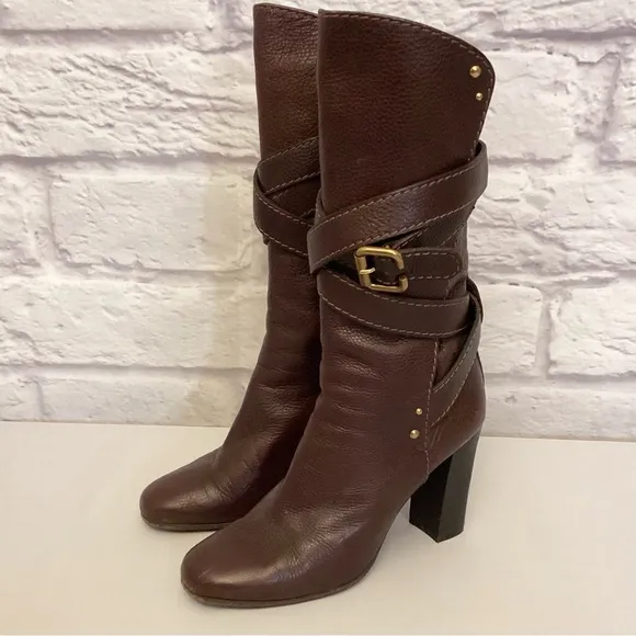 Chloe 8.5 (38.5) Paddington Brown Leather Women's Boots Chunky Heels Flaw