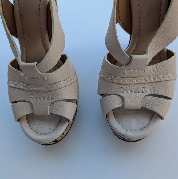 Chloe White Leather Cork Wedge Platform Slingback Sandals Size 39