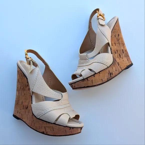 Chloe White Leather Cork Wedge Platform Slingback Sandals Size 39