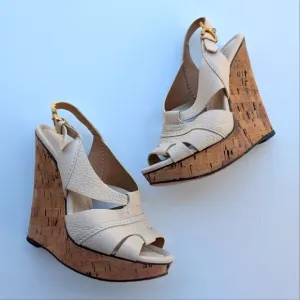 Chloe White Leather Cork Wedge Platform Slingback Sandals Size 39