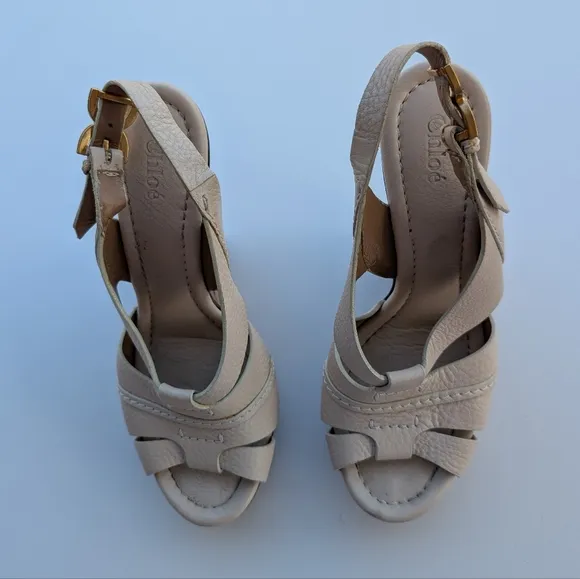 Chloe White Leather Cork Wedge Platform Slingback Sandals Size 39